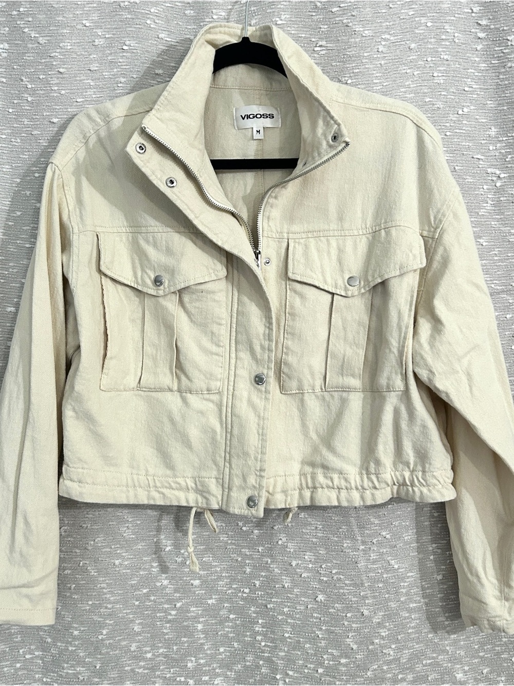 Vigoss Cream Cropped Utility Bomber Jean Jacket